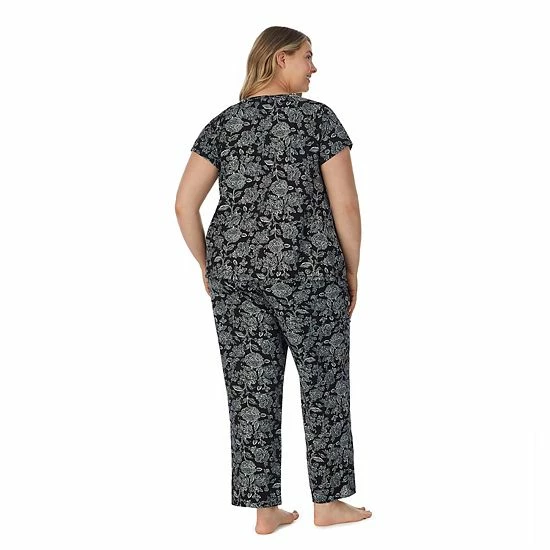 Plus Size Croft & Barrow® Cozy Short Sleeve Button-Front Pajama Top & Pajama Pants Sleep Set Black Toile - Image 2