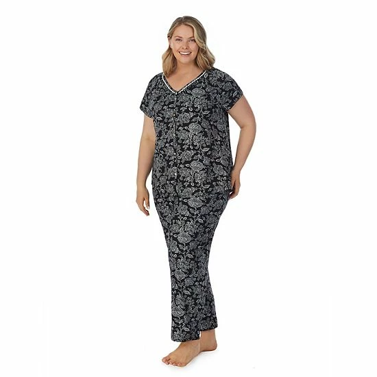 Plus Size Croft & Barrow® Cozy Short Sleeve Button-Front Pajama Top & Pajama Pants Sleep Set Black Toile - Image 3