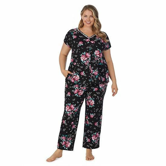 Plus Size Croft & Barrow® Cozy Short Sleeve Button-Front Pajama Top & Pajama Pants Sleep Set Black Toile - Image 6