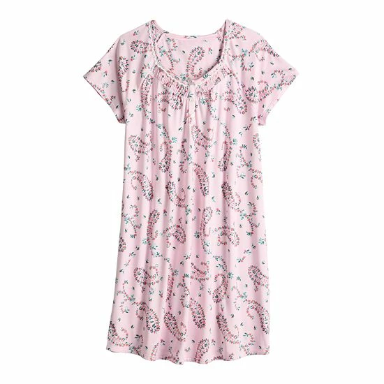 Women's Croft & Barrow® Cozy Short Sleeve Smocked Nightgown Pink Floral Paisley - Image 4