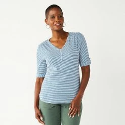 Women's Croft & Barrow® Roll-Tab Sleeve Henley Top Sky Easy Stripe