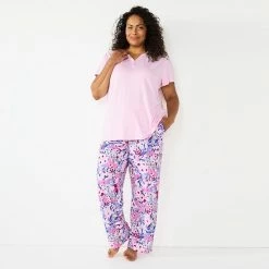 Plus Size Croft & Barrow® Short Sleeve Henley Pajama Top & Pajama Pants Sleep Set Purple Hearts