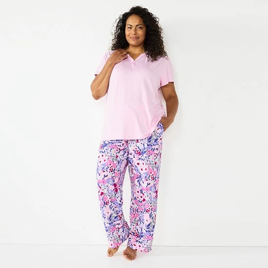 Plus Size Croft & Barrow® Short Sleeve Henley Pajama Top & Pajama Pants Sleep Set Purple Hearts