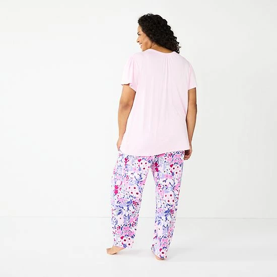 Plus Size Croft & Barrow® Short Sleeve Henley Pajama Top & Pajama Pants Sleep Set Purple Hearts - Image 2