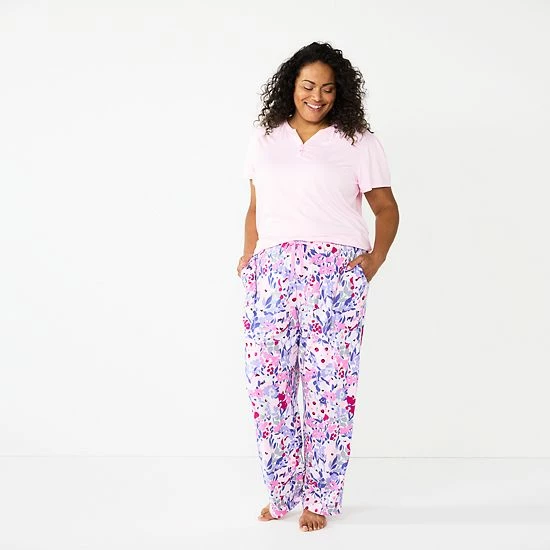 Plus Size Croft & Barrow® Short Sleeve Henley Pajama Top & Pajama Pants Sleep Set Purple Hearts - Image 3