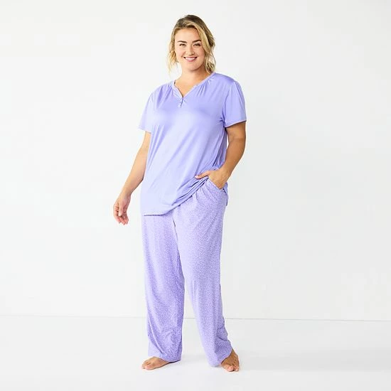 Plus Size Croft & Barrow® Short Sleeve Henley Pajama Top & Pajama Pants Sleep Set Purple Hearts - Image 4