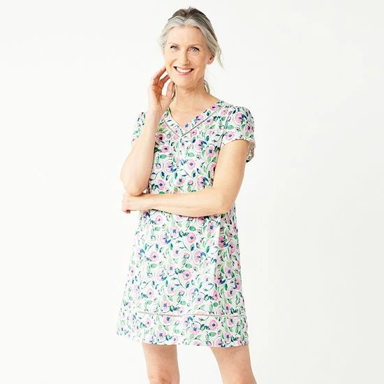 Petite Croft & Barrow® Short Sleeve Cotton Nightgown White Greta Floral - Image 3