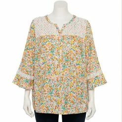 Plus Size Croft & Barrow® Three Quarter Sleeve Splitneck Lace Top Turquoise Flat Floral