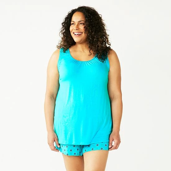 Plus Size Croft & Barrow® Pajama Tank & Pajama Shorts Sleep Set Teal Geo - Image 6