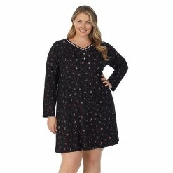 Plus Size Croft & Barrow® Cozy Long Sleeve Smocked Nightgown Black Ditsy Floral