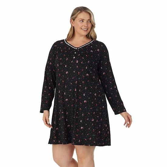 Plus Size Croft & Barrow® Cozy Long Sleeve Smocked Nightgown Black Ditsy Floral - Image 3