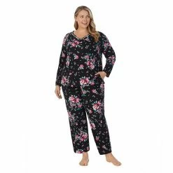 Plus Size Croft & Barrow® Cozy Long Sleeve Pajama Top & Pajama Pants Sleep Set Black Large Floral