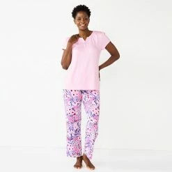 Women's Croft & Barrow® Short Sleeve Henley Pajama Top & Pajama Pants Sleep Set Gray Stripe