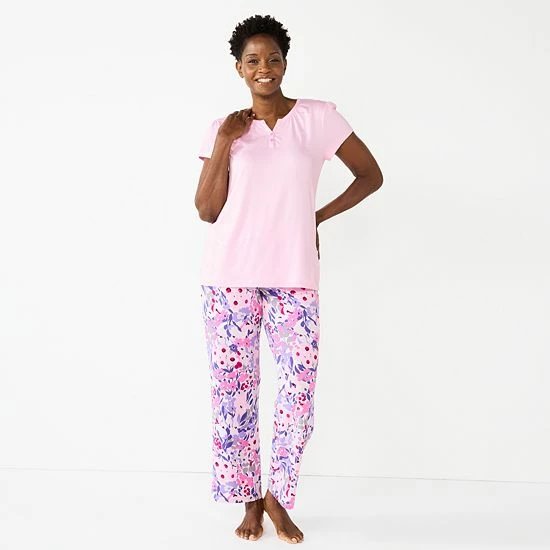 Women's Croft & Barrow® Short Sleeve Henley Pajama Top & Pajama Pants Sleep Set Gray Stripe