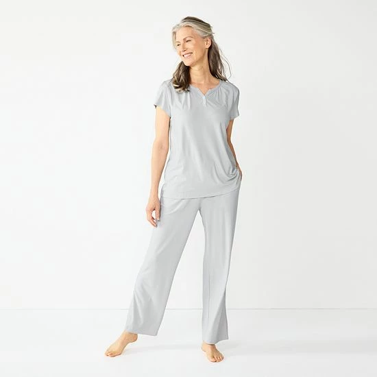 Women's Croft & Barrow® Short Sleeve Henley Pajama Top & Pajama Pants Sleep Set Gray Stripe - Image 5