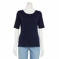 Petite Croft & Barrow® Scoopneck Elbow-Sleeve Tee Blue
