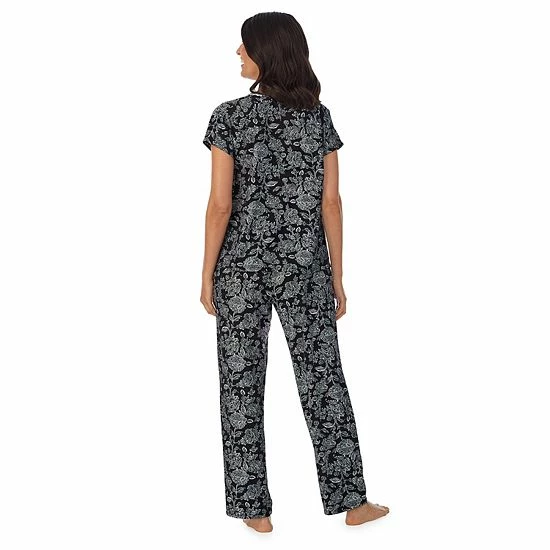 Petite Croft & Barrow® Cozy Short Sleeve Button-Front Pajama Top & Pajama Pants Sleep Set Black Large Floral - Image 2
