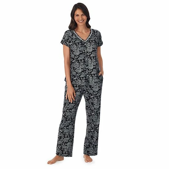 Petite Croft & Barrow® Cozy Short Sleeve Button-Front Pajama Top & Pajama Pants Sleep Set Black Large Floral - Image 4
