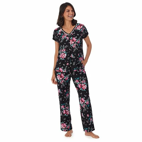 Petite Croft & Barrow® Cozy Short Sleeve Button-Front Pajama Top & Pajama Pants Sleep Set Black Large Floral - Image 5