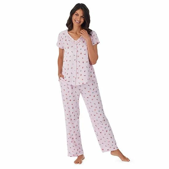Petite Croft & Barrow® Cozy Short Sleeve Button-Front Pajama Top & Pajama Pants Sleep Set Black Large Floral - Image 6