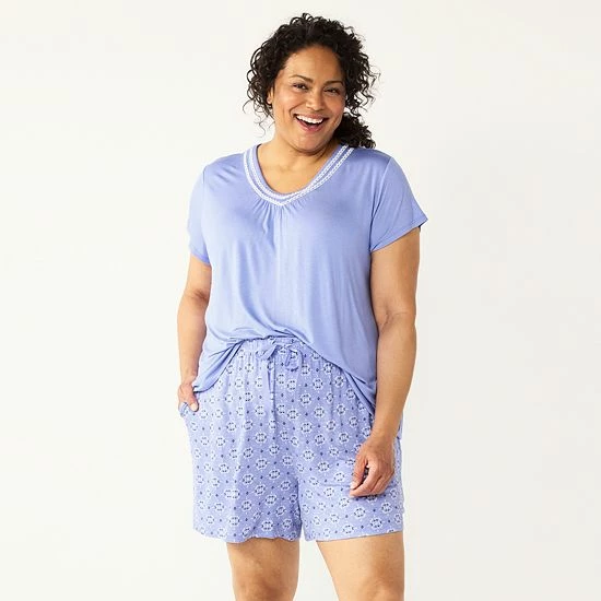 Plus Size Croft & Barrow® Short Sleeve Pajama Top & Pajama Shorts Sleep Set Dash Purple Geo - Image 3