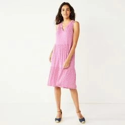 Women's Croft & Barrow® Splitneck Tiered Dress Pink Ditsy Floral