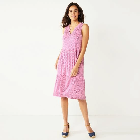 Women's Croft & Barrow® Splitneck Tiered Dress Pink Ditsy Floral