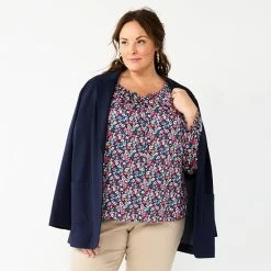 Plus Size Croft & Barrow® Ruffle Neck Blouse Cream Floral