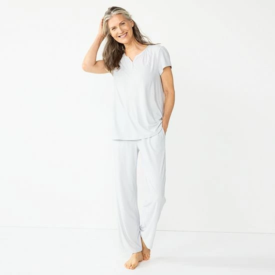 Petite Croft & Barrow® Short Sleeve Henley Pajama Top & Pajama Pants Sleep Set Gray Stripe