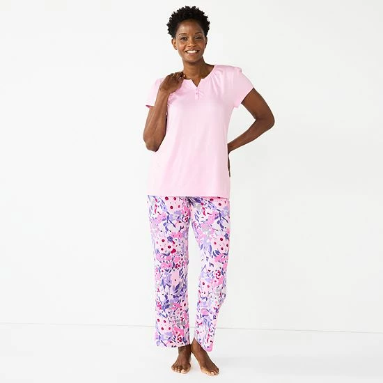 Petite Croft & Barrow® Short Sleeve Henley Pajama Top & Pajama Pants Sleep Set Gray Stripe - Image 3