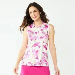 Women's Croft & Barrow® Classic Comfort Sleeveless Polo Top Pink Multi Palm