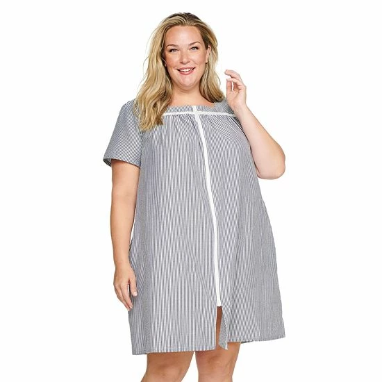 Plus Size Croft & Barrow® Short Sleeve Zipper Duster Robe Navy Stripe - Image 5