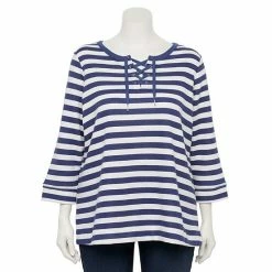 Plus Size Croft & Barrow® Lace-Up Sweatshirt Navy Stripe