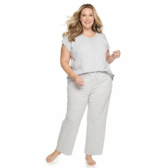 Plus Size Croft & Barrow® Short Sleeve Pajama Top & Pajama Pants Cotton Sleep Set Mint Paisley - Image 2