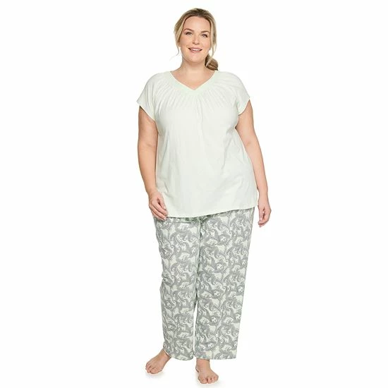 Plus Size Croft & Barrow® Short Sleeve Pajama Top & Pajama Pants Cotton Sleep Set Mint Paisley - Image 4