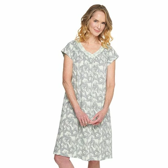 Petite Croft & Barrow® V-Neck Short Sleeve Cotton Nightgown Mint Paisley - Image 2