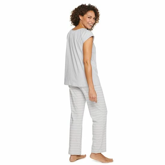 Women's Croft & Barrow® Short Sleeve Pajama Top & Pajama Pants Cotton Sleep Set Gray Stripe - Image 2