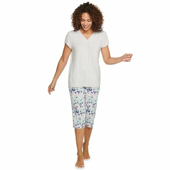 Women's Croft & Barrow® Short Sleeve Pajama Top & Pajama Capri Pants Sleep Set Gray Floral