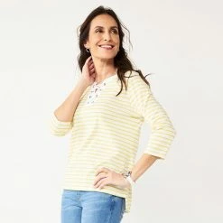 Women's Croft & Barrow® Lace-Up Shirttail Hem Top Navy Stripe