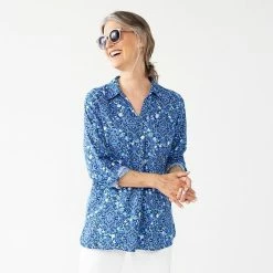 Women's Croft & Barrow® Roll-Tab Sleeve Popover Tunic Navy Stripe