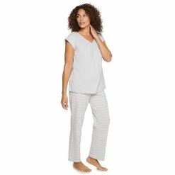 Petite Croft & Barrow® Short Sleeve Pajama Top & Pajama Pants Cotton Sleep Set Gray Stripe