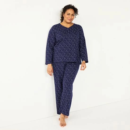 Plus Size Croft & Barrow® Textured Knit Henley Long Sleeve Pajama Top & Pajama Pants Sleep Set Red Goose