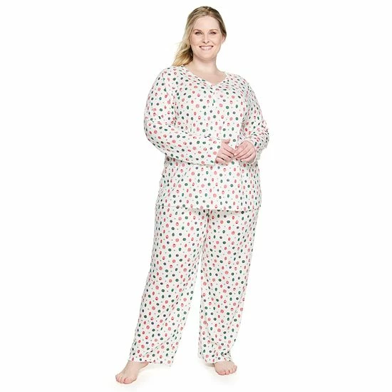 Plus Size Croft & Barrow® Textured Knit Henley Long Sleeve Pajama Top & Pajama Pants Sleep Set Red Goose - Image 7