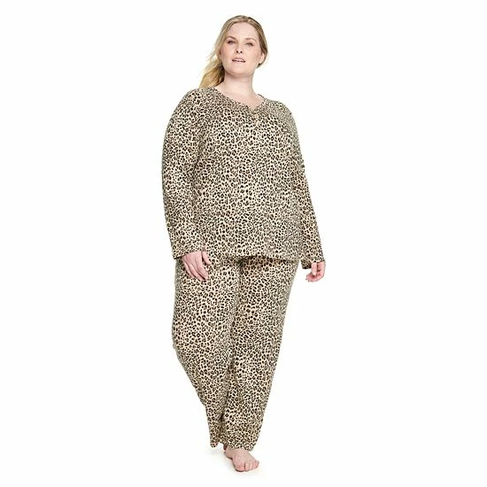 Plus Size Croft & Barrow® Textured Knit Henley Long Sleeve Pajama Top & Pajama Pants Sleep Set Red Goose - Image 9