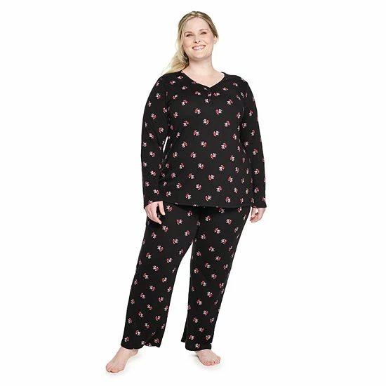 Plus Size Croft & Barrow® Textured Knit Henley Long Sleeve Pajama Top & Pajama Pants Sleep Set Red Goose - Image 11