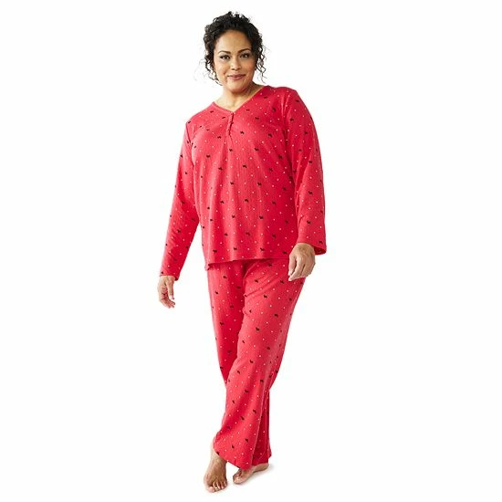 Plus Size Croft & Barrow® Textured Knit Henley Long Sleeve Pajama Top & Pajama Pants Sleep Set Red Goose - Image 12