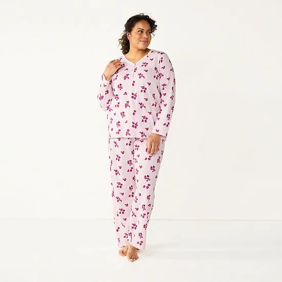 Plus Size Croft & Barrow® Textured Knit Henley Long Sleeve Pajama Top & Pajama Pants Sleep Set Red Goose - Image 18