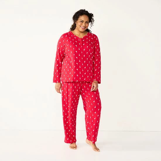 Plus Size Croft & Barrow® Textured Knit Henley Long Sleeve Pajama Top & Pajama Pants Sleep Set Red Goose - Image 20