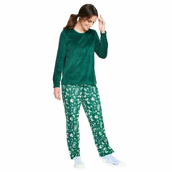 Women's Croft & Barrow® Velour Long Sleeve Pajama Top & Pajama Pants Set Dark Blue Floral - Image 4