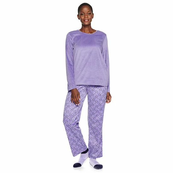 Women's Croft & Barrow® Velour Long Sleeve Pajama Top & Pajama Pants Set Dark Blue Floral - Image 11